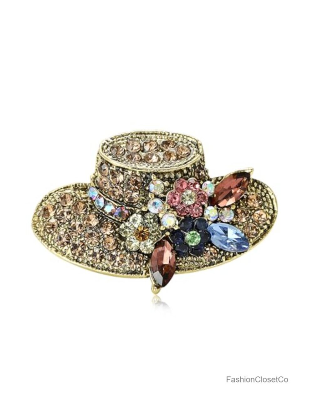 Vintage Sun Hat Crystal Brooch Pin Rhinestone Floral Design Gold Silver